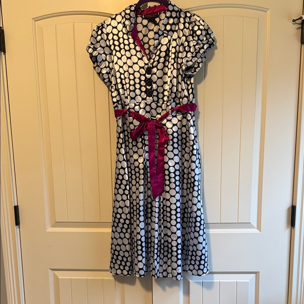 Robbie Bee Black and White Polka Dot Midi Dress with Fuchsia Sash
